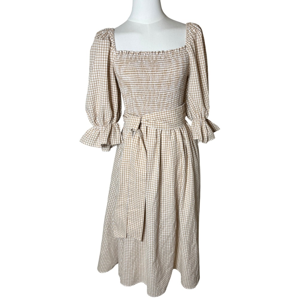 AURA Smocked Gingham Midi Dress Beige White Square Neck Puff Sleeve Belted M